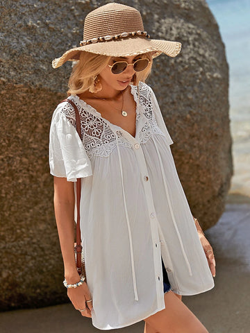 EMERY ROSE Guipure Lace Insert Tie Neck Button Front Blouse