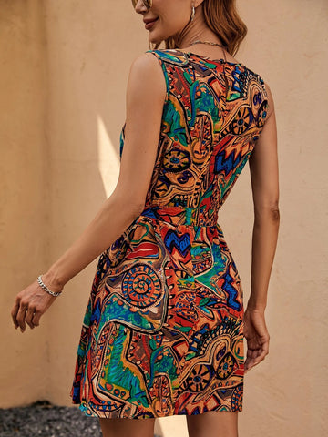 EMERY ROSE Allover Print Belted Dress