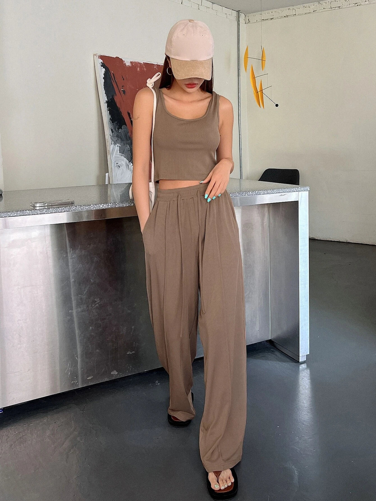 Solid Crop Tank Top & Slant Pocket Pants