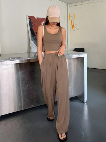 Solid Crop Tank Top & Slant Pocket Pants