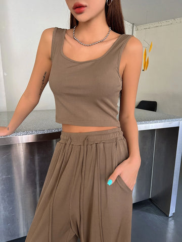 Solid Crop Tank Top & Slant Pocket Pants
