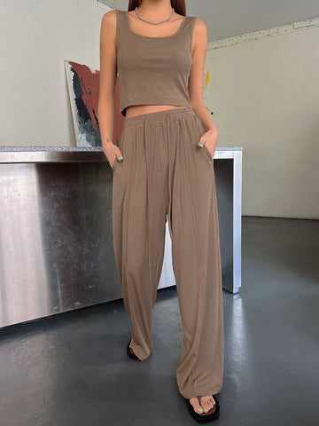 Solid Crop Tank Top & Slant Pocket Pants