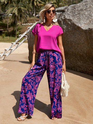 Solid Batwing Sleeve Top & Tropical Print Wide Leg Pants