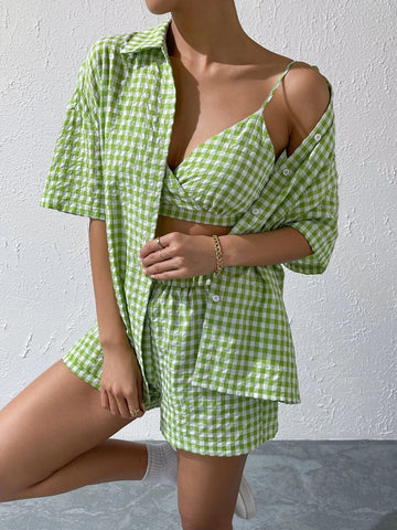 Gingham Print Drop Shoulder Blouse & Cami Top & Shorts
