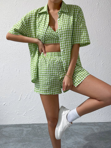 Gingham Print Drop Shoulder Blouse & Cami Top & Shorts