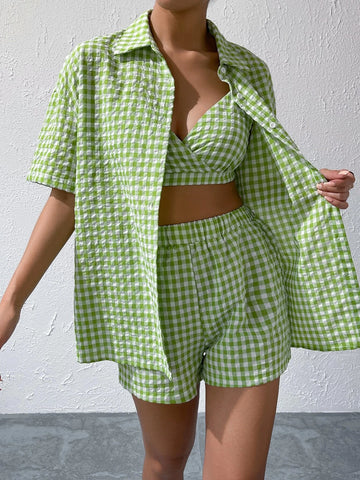 Gingham Print Drop Shoulder Blouse & Cami Top & Shorts