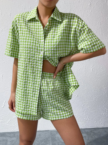 Gingham Print Drop Shoulder Blouse & Cami Top & Shorts