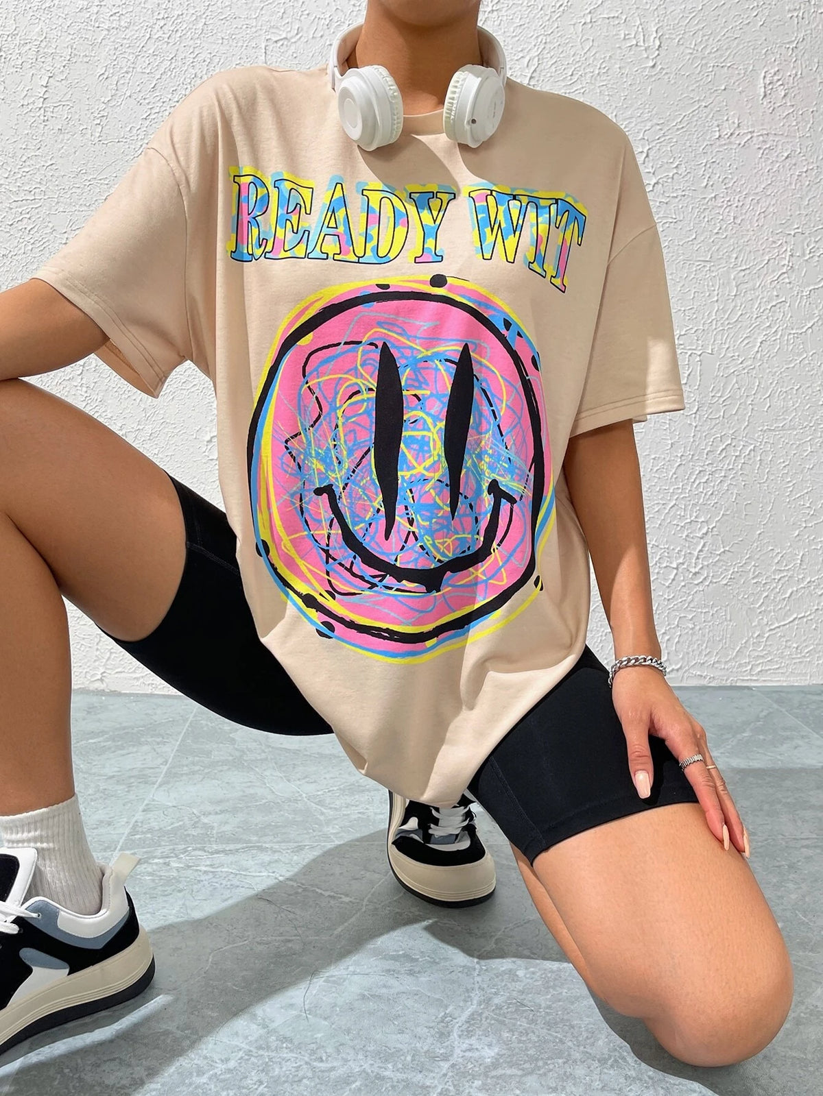 Cartoon & Letter Graphic Drop Shoulder Tee & Biker Shorts