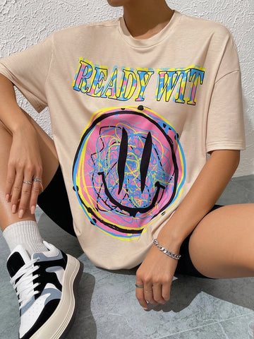 Cartoon & Letter Graphic Drop Shoulder Tee & Biker Shorts