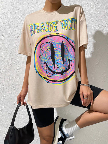 Cartoon & Letter Graphic Drop Shoulder Tee & Biker Shorts