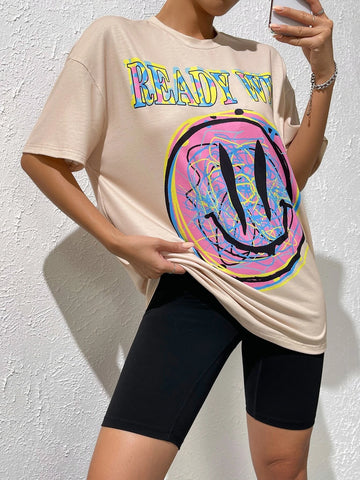 Cartoon & Letter Graphic Drop Shoulder Tee & Biker Shorts