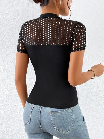 Unity Sequins Detail Contrast Mesh Mock Neck Tee