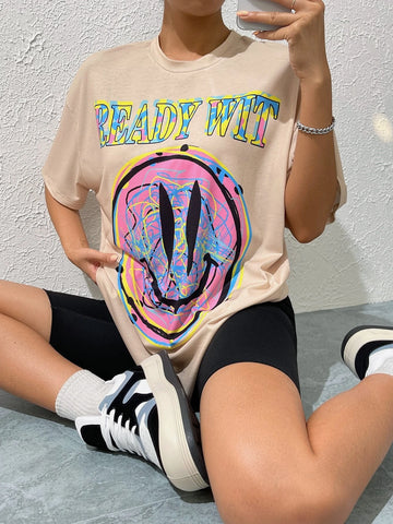 Cartoon & Letter Graphic Drop Shoulder Tee & Biker Shorts