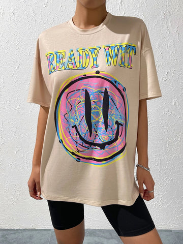 Cartoon & Letter Graphic Drop Shoulder Tee & Biker Shorts