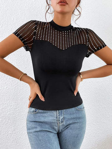 Unity Sequins Detail Contrast Mesh Mock Neck Tee