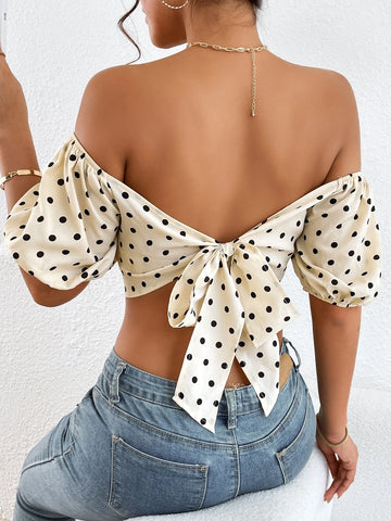 Polka Dot Print Off Shoulder Tie Backless Crop Blouse
