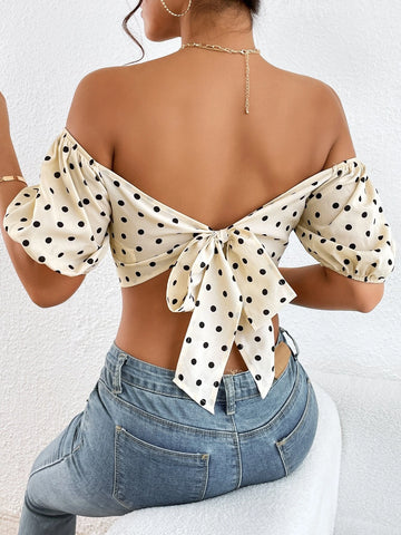 Polka Dot Print Off Shoulder Tie Backless Crop Blouse