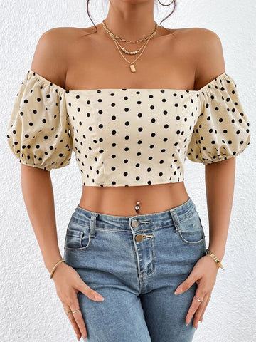 Polka Dot Print Off Shoulder Tie Backless Crop Blouse