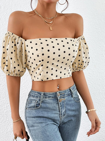Polka Dot Print Off Shoulder Tie Backless Crop Blouse