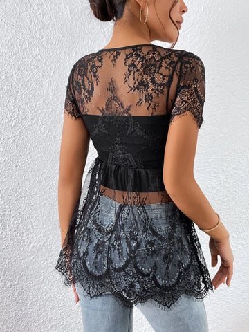 Unity Floral Lace Peplum Hem Lace Blouse Without Cami Top