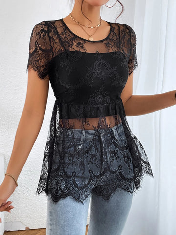 Unity Floral Lace Peplum Hem Lace Blouse Without Cami Top