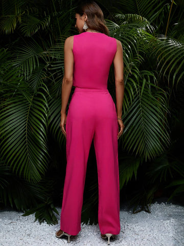 Solid Button Front Tank Top & Wide Leg Pants