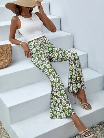 Solid Tank Top & Floral Print Flare Leg Pants