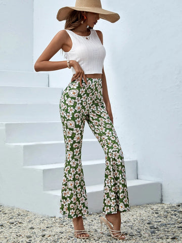 Solid Tank Top & Floral Print Flare Leg Pants