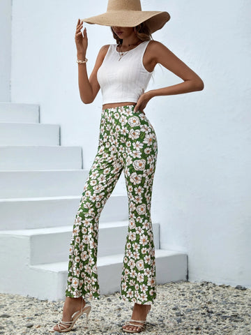 Solid Tank Top & Floral Print Flare Leg Pants
