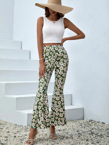 Solid Tank Top & Floral Print Flare Leg Pants