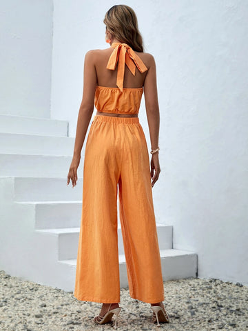 Criss Cross Tie Backless Halter Top & Wide Leg Pants