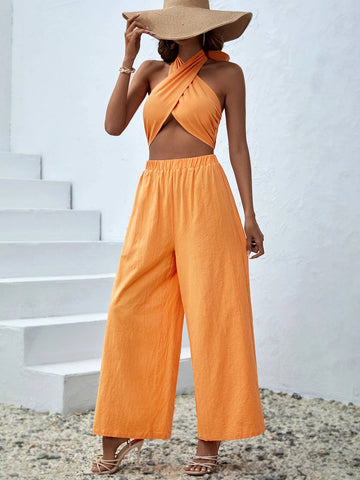 Criss Cross Tie Backless Halter Top & Wide Leg Pants