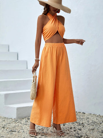 Criss Cross Tie Backless Halter Top & Wide Leg Pants
