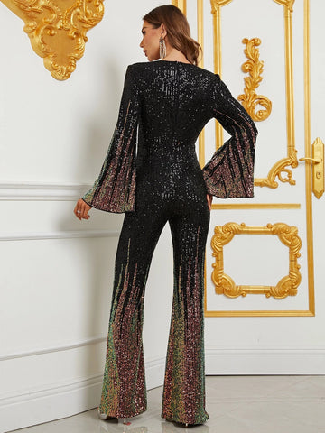 Plunging Neck Bell Sleeve Sequin Jumpsuit