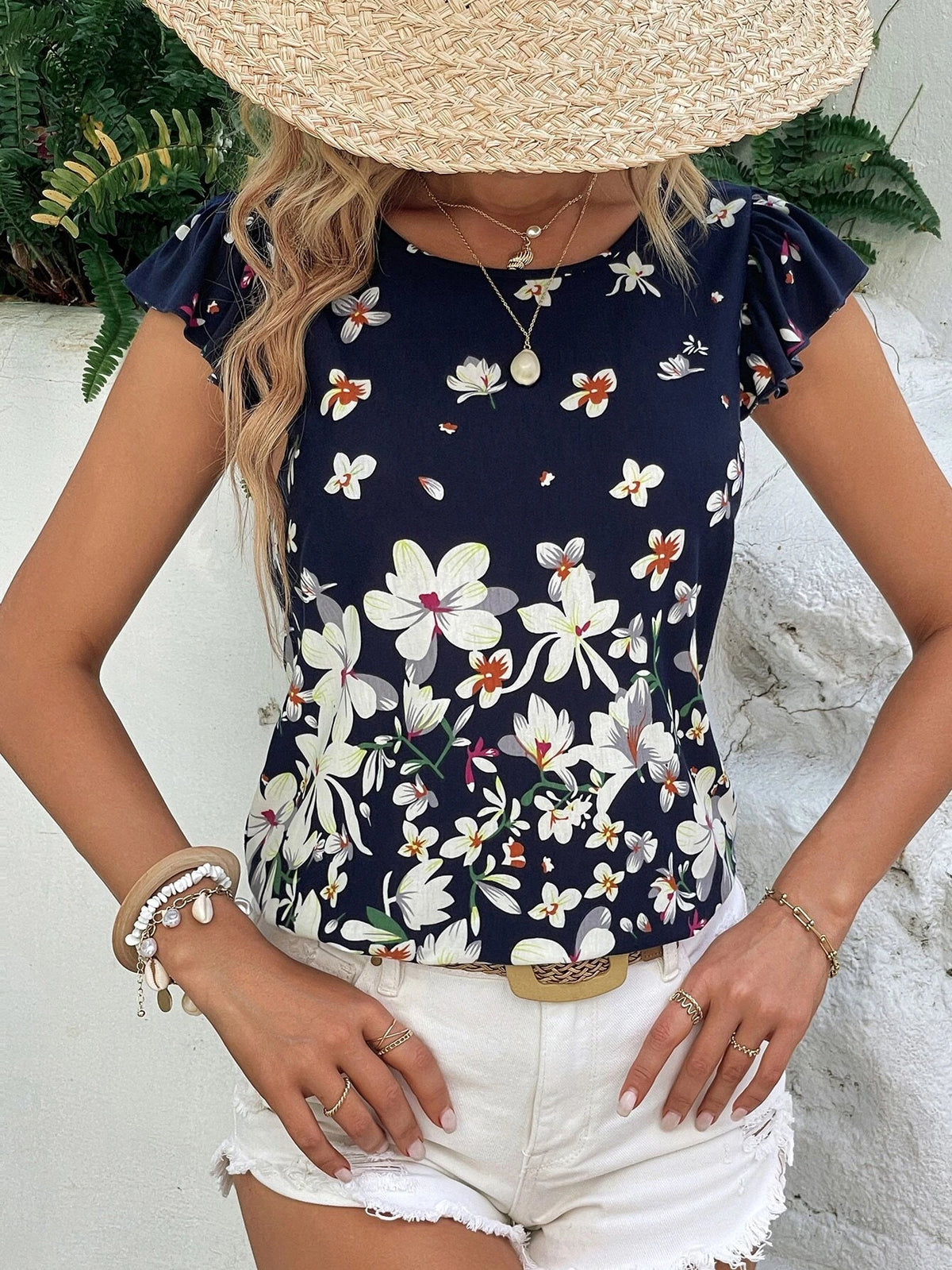EMERY ROSE Floral Print Butterfly Sleeve Tee
