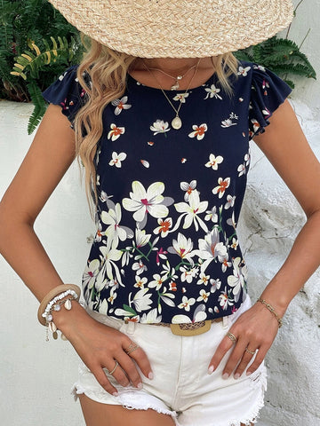 EMERY ROSE Floral Print Butterfly Sleeve Tee