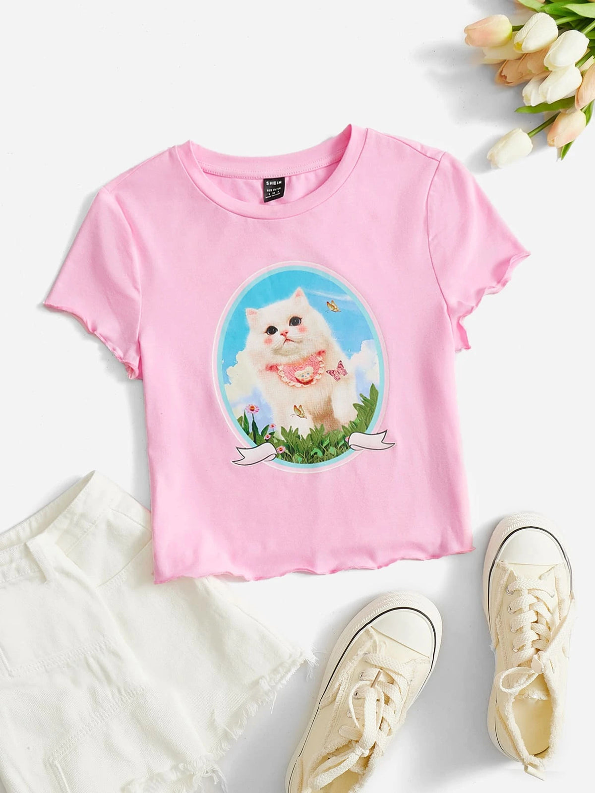 EZwear Cat Print Lettuce Trim Crop Tee