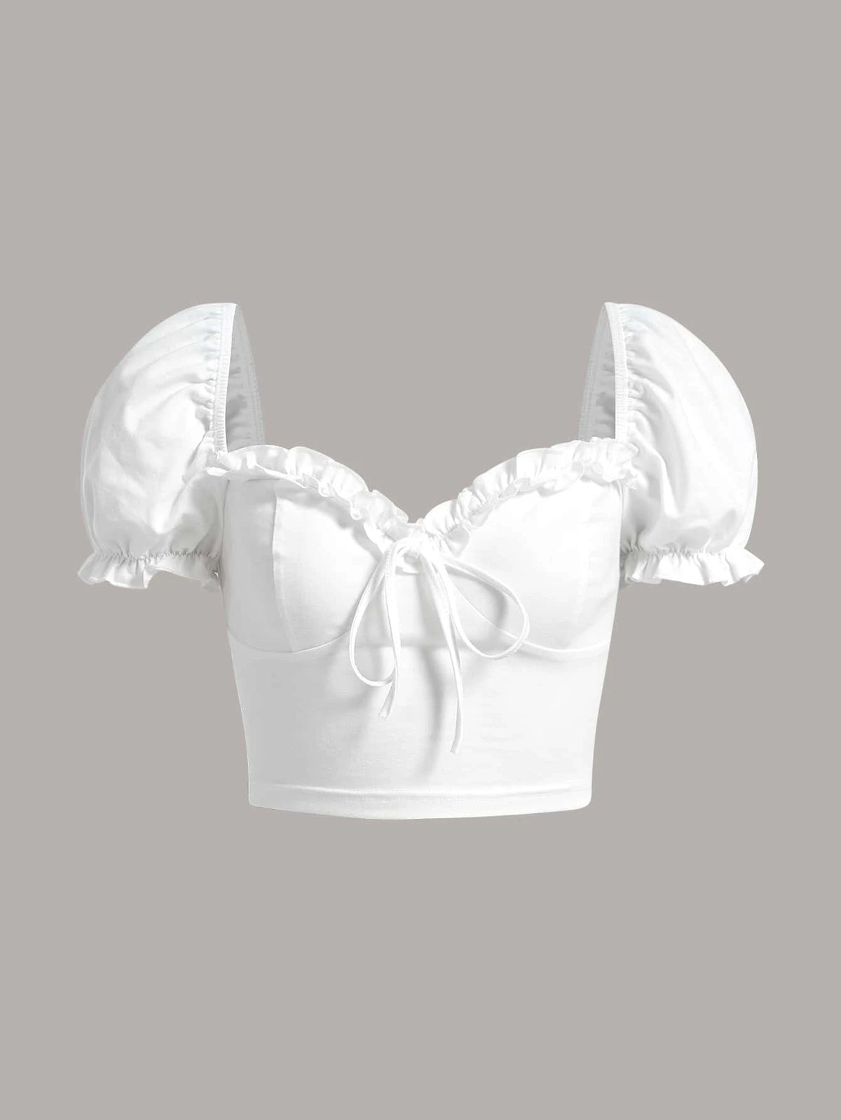 EZwear Sweetheart Neck Frill Trim Knot Front Crop Top