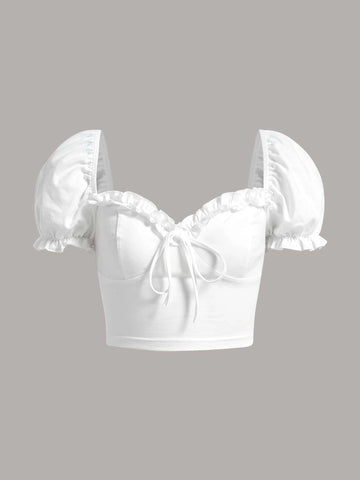 EZwear Sweetheart Neck Frill Trim Knot Front Crop Top