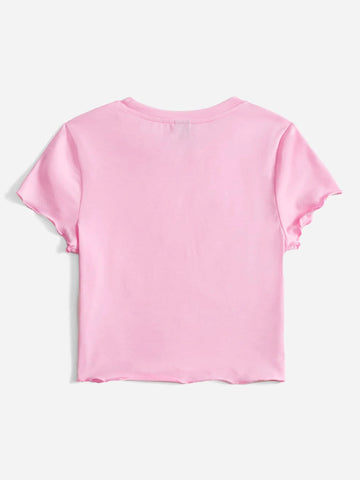 EZwear Cat Print Lettuce Trim Crop Tee