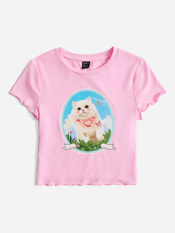 EZwear Cat Print Lettuce Trim Crop Tee