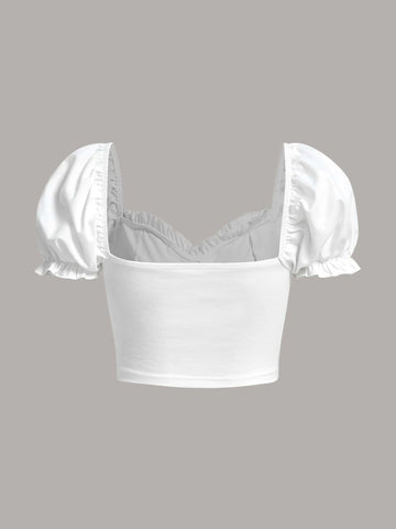 EZwear Sweetheart Neck Frill Trim Knot Front Crop Top
