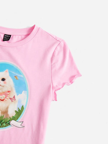 EZwear Cat Print Lettuce Trim Crop Tee