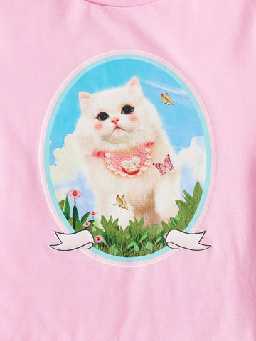 EZwear Cat Print Lettuce Trim Crop Tee