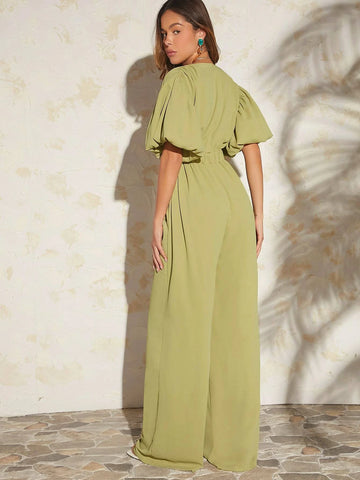 Plunging Neck Puff Sleeve Wide Leg Jumpsuit