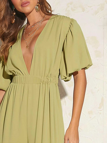 Plunging Neck Puff Sleeve Wide Leg Jumpsuit