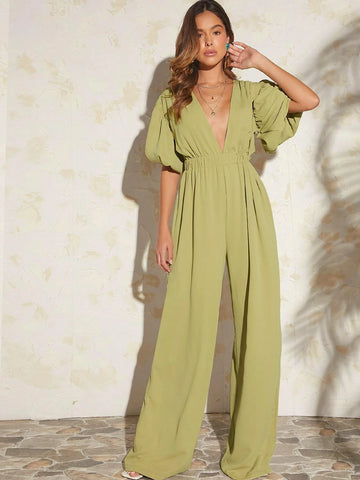 Plunging Neck Puff Sleeve Wide Leg Jumpsuit