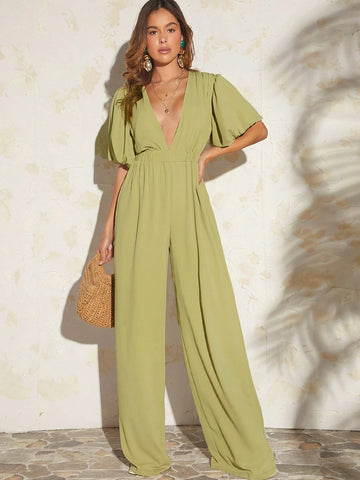 Plunging Neck Puff Sleeve Wide Leg Jumpsuit