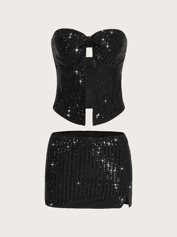 Split Hem Sequin Tube Top & Bodycon Skirt