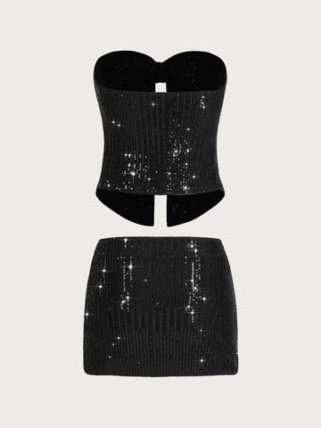 Split Hem Sequin Tube Top & Bodycon Skirt